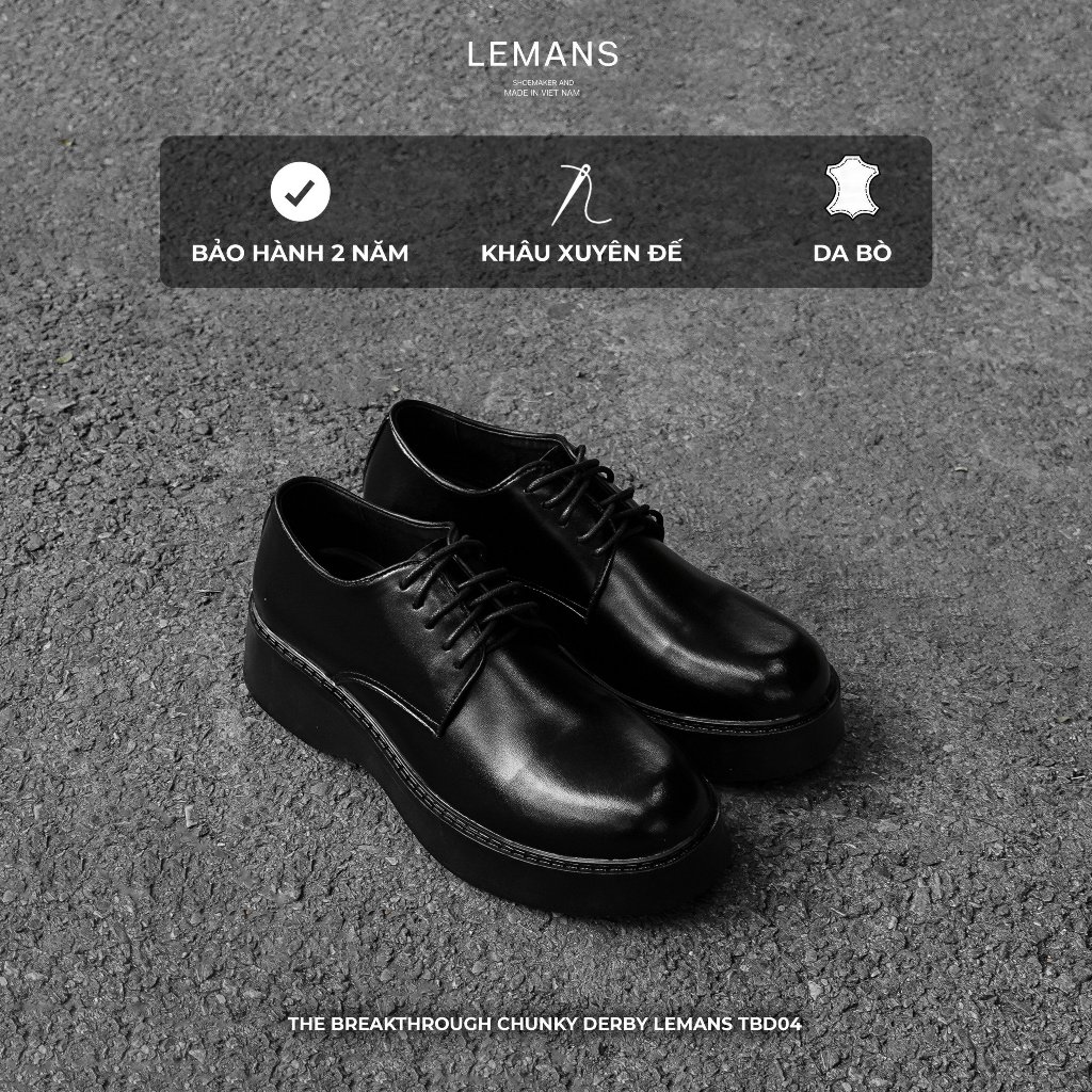 Giày nam Chunky DERBY Lemans CF01.1 màu Đen - đế cao su thơm 6cm- Da bò - BH 24 tháng