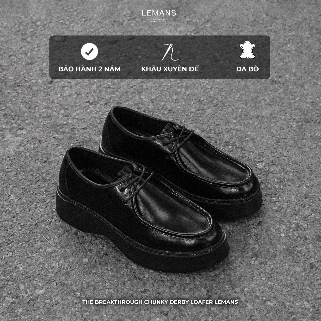 Giày Chunky Derby nam Lemans TBD05.1 - màu Đen - đế thơm cao su 6cm- Da bò - bảo hành 24 tháng