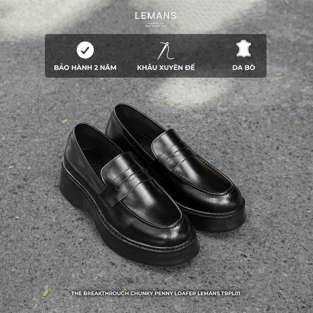 Giày Chunky PENNY LOAFER nam Lemans màu đen TB01.1 - đế cao su nguyên khối 5cm, Da bò, Bảo hành 12 t