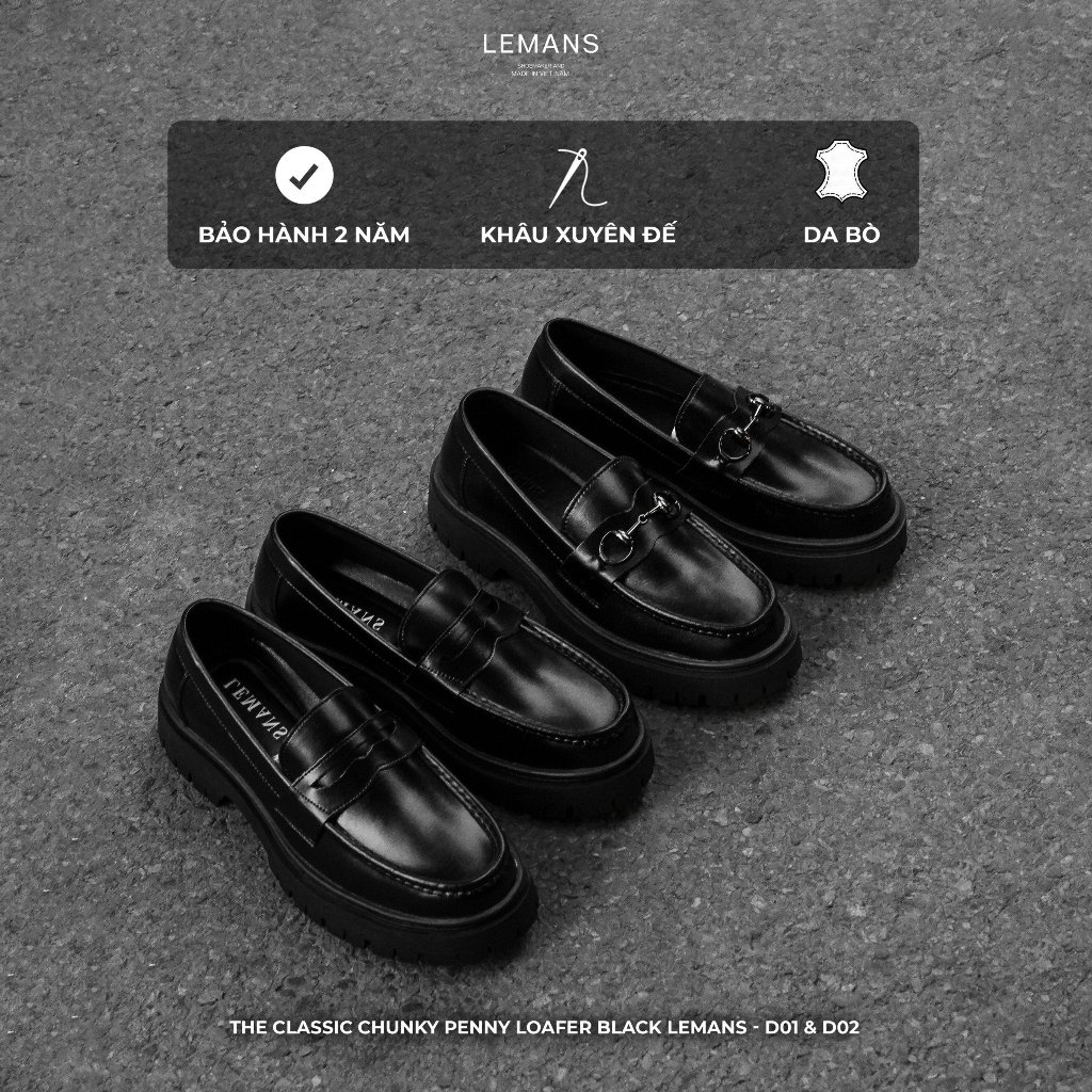 Giày nam Chunky PENNY LOAFER Black LEMANS 02 Phiên Bản - Đế cao su thơm 5cm - Da bò - Bảo hành 24T