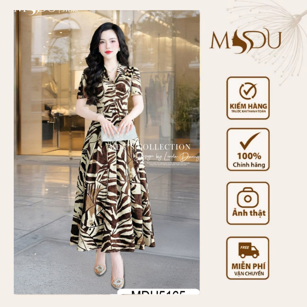 Váy Lụa Mango MDU5165 Cổ Vest Chữ V Thanh Lịch Cùng Hàng Cúc Dọc Thân Váy Và Họa Tiết Độc Đáo Từ MDU