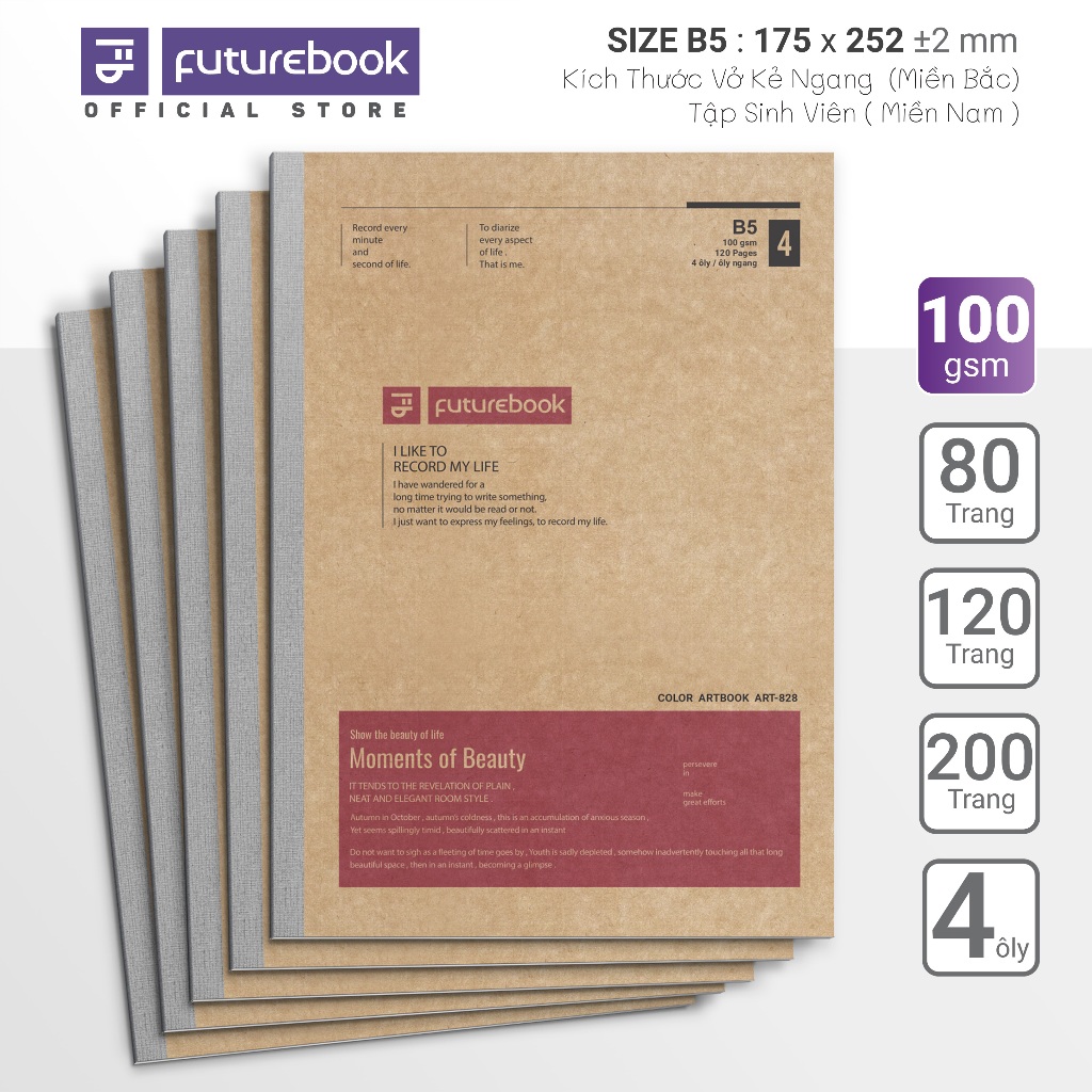 Vở Học Sinh FUTUREBOOK ARTBOOK B5 80/120/200 Trang 100GSM, 4 Ô Ly/Kẻ Ngang, Lốc 5 Quyển | BigBuy360 - bigbuy360.vn