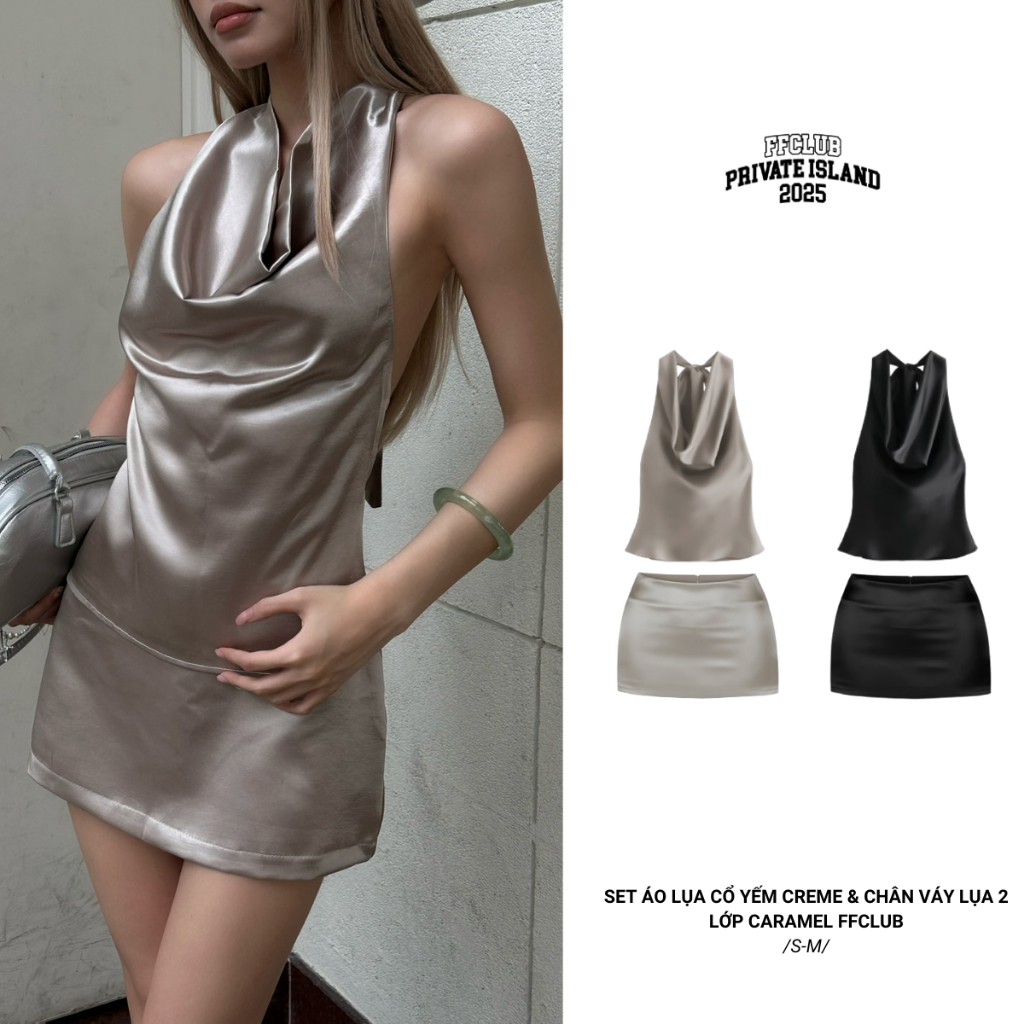 [CÓ TÁCH SET] Áo lụa Cổ Yếm CREME & Chân váy lụa 2 lớp CARAMEL FFCLUB