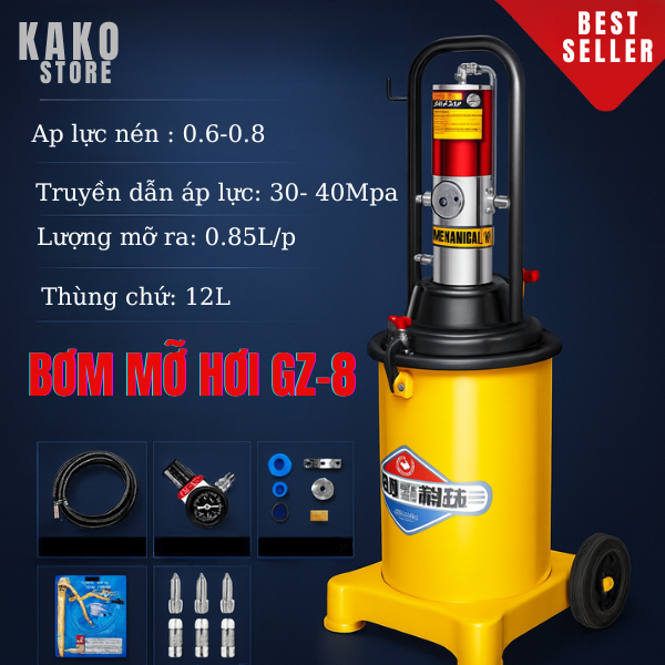 Máy bơm mỡ khí nén bơm mỡ hơi kuco gz-8 , dung tích 12 lít, tặng bộ gioong zin sơ, Kako store