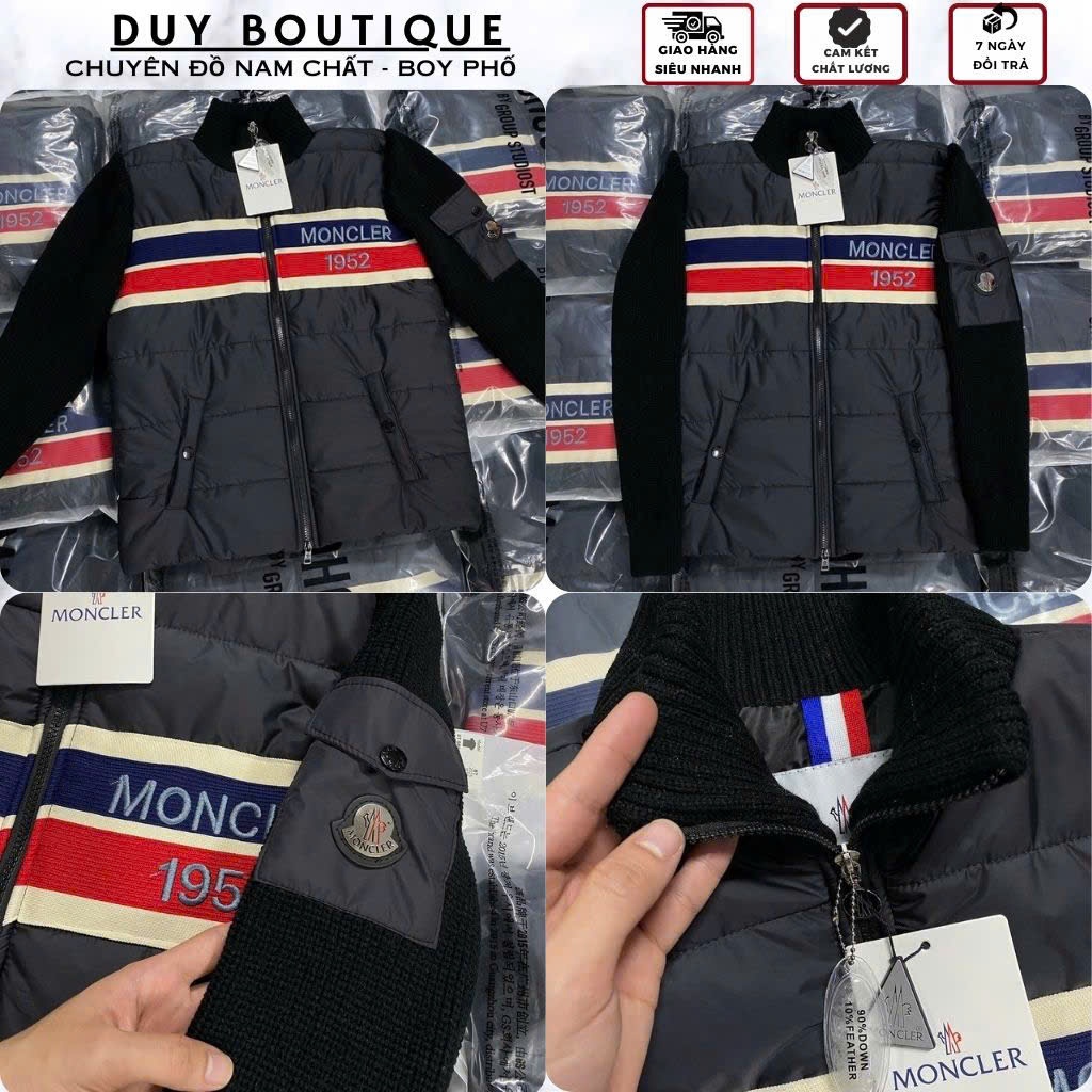 Áo Khoác Phao Lông Vũ MONCLER Quét Chip Chữ Thêu Ngực Phối Tay Len Siêu Chất - Áo MON Phao Lông Vũ T