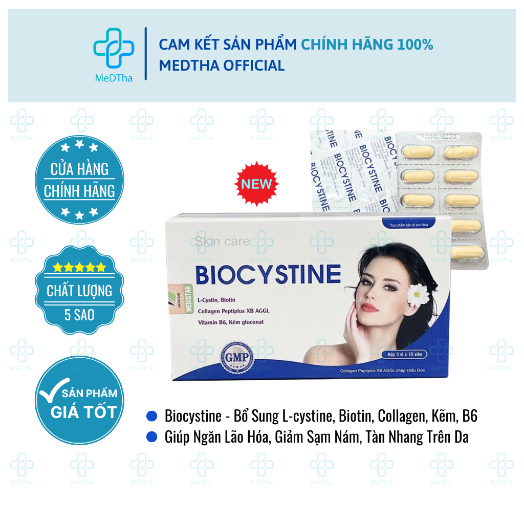 Viên Uống Trắng Da BIOCYSTINE - Giúp Đẹp Da, Chống Lão Hóa, Giảm Mụn, Mọc Tóc, Chứa L-Cystine (Hộp 3
