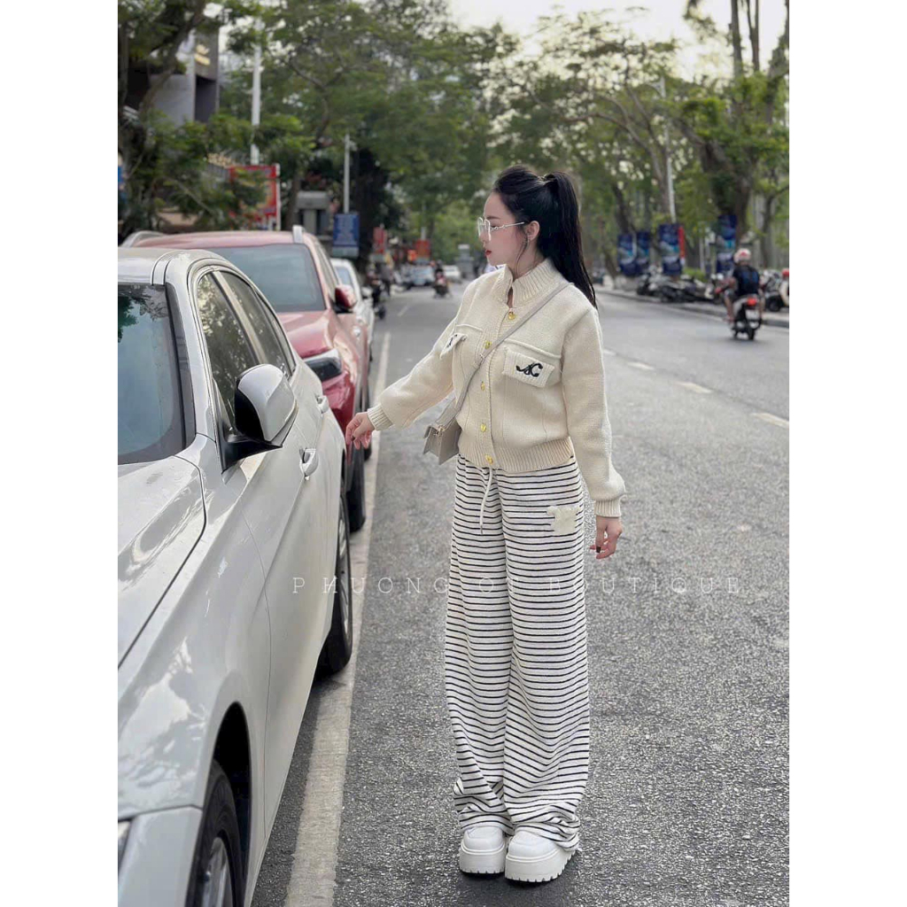Set Quần Áo Nữ, Set Áo Khoác Cúc Vàng Mix Quần Xuông Kẻ Ngang Chất Liệu Cao Cấp Chuẩn QC Loại 1 Hott