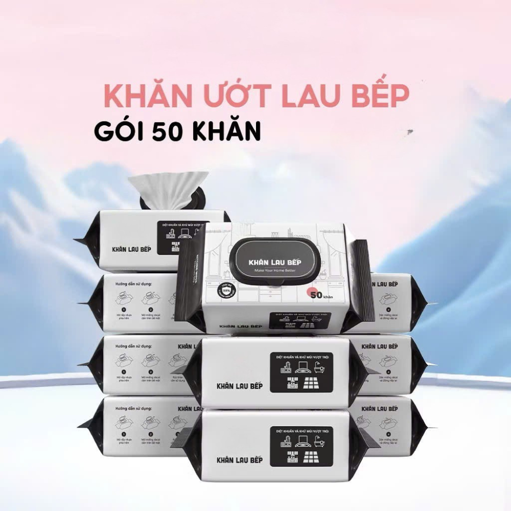 Thùng 10 Gói Khăn ướt lau bếp tẩy dầu mỡ,khử trùng nội thất gia đình,khăn ướt lau đa năng 50 tờ lau sạch GUMMI