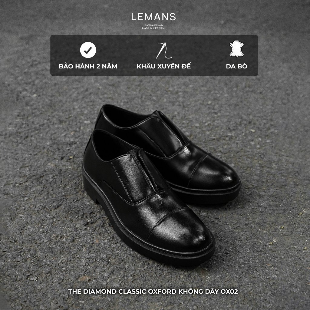 Giày Oxford không dây nam LEMANS màu đen OF02.1 - Da Bò, Đế cao su thơm 4cm, Bảo hành 24 tháng