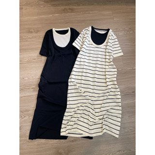   Oanhltk  Váy len bầu giả yếm cộc tay 45-80kg - Đầm bầu mùa đông mongtoghi kẻ dáng dài màu đen 