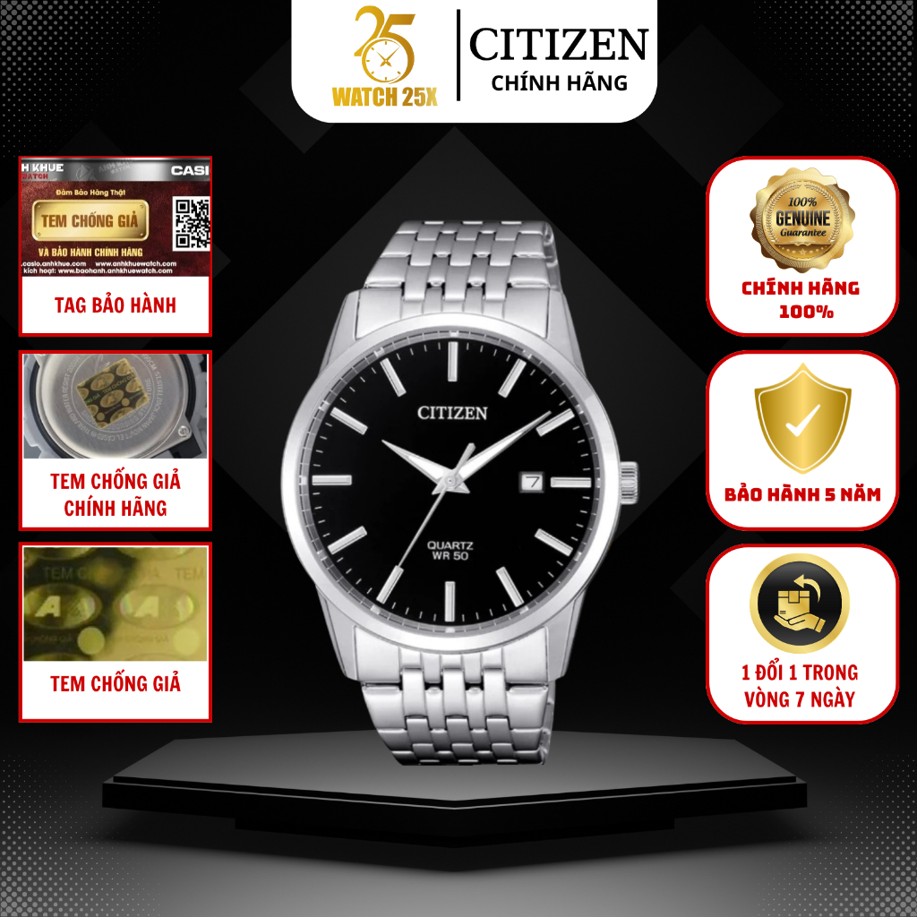 Đồng Hồ Nam Citizen BI5000-87E Watch25x - Máy Pin Dây Kim Loại Mặt Đen Thanh Lịch Lịch Ngày Hiện Đại