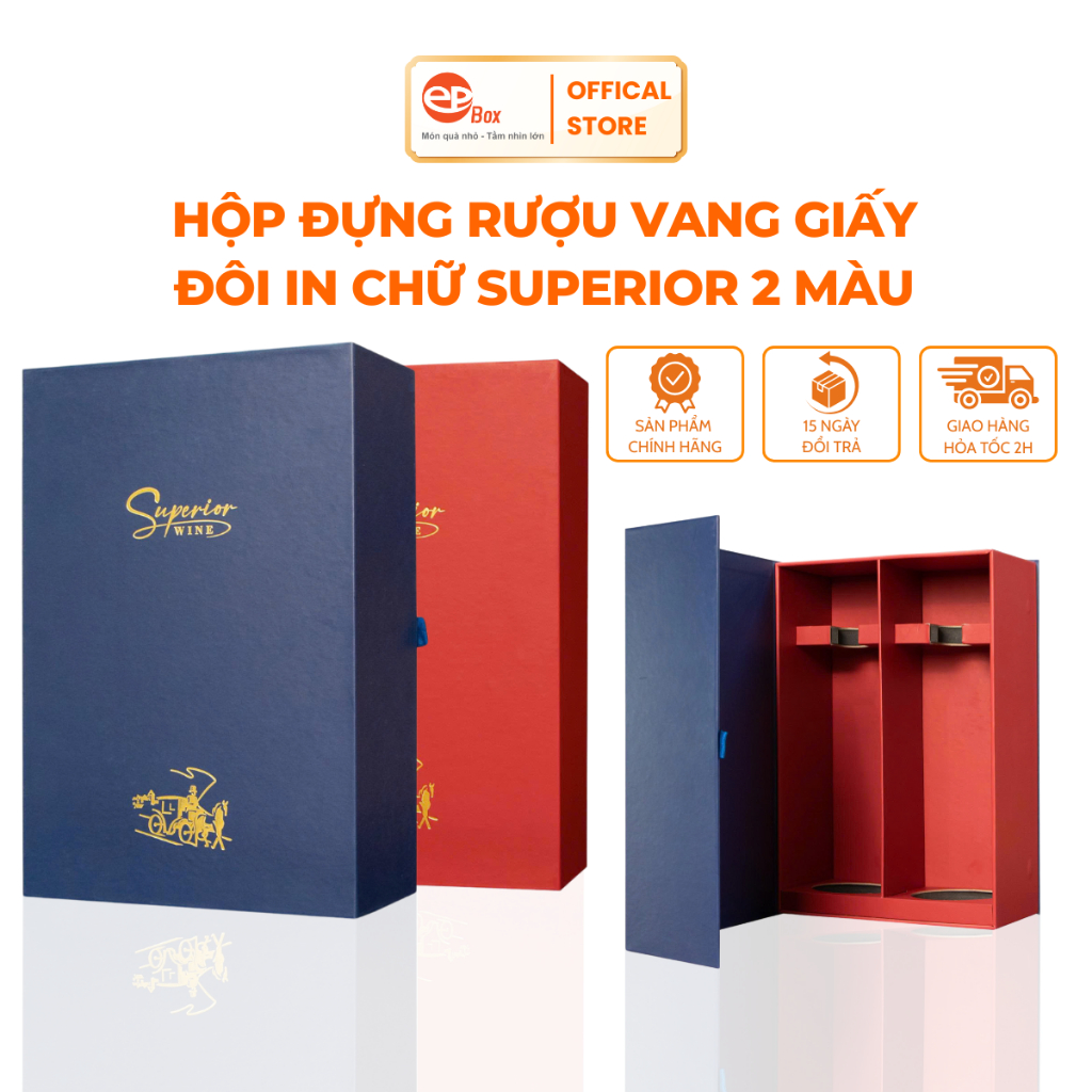 [Mẫu Mới 2026] Hộp Đựng Rượu Vang Đôi Bằng Giấy Epvina Box In Chữ SUPERIOR 2 Màu