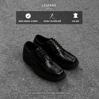 Giày tây Mũi Vuông The Square Toe Oxford LEMANS Black VO01.1 - Da Bò, Đế cao su McKay 4cm, BH 24T