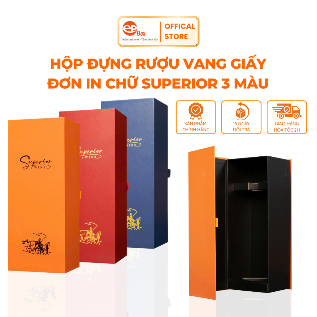 [Mẫu Mới 2026] Hộp Đựng Rượu Vang Giấy Đơn Epvina Box In Chữ SUPERIOR 3 Màu