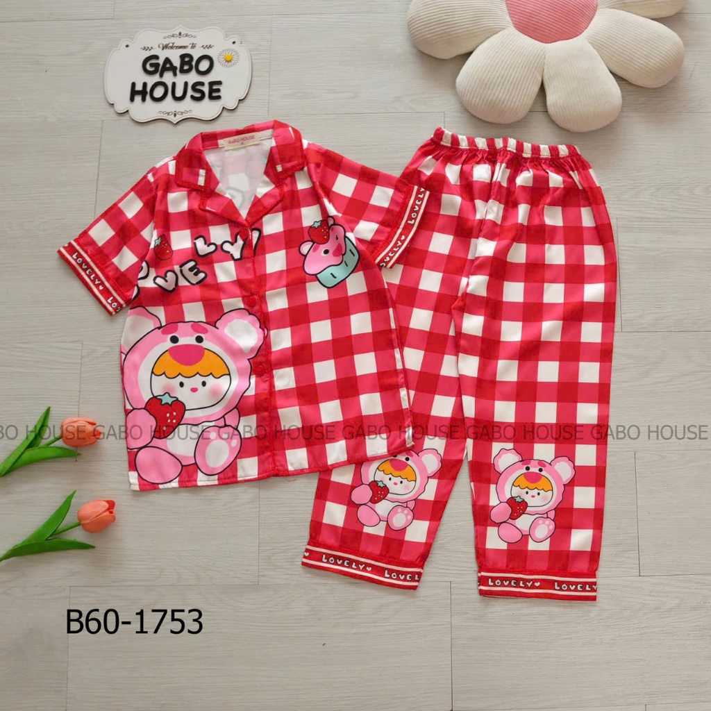 Bộ quần áo pijama lụa latin tay ngắn quần dài cho bé gái in hoạt hình GABO HOUSE B60