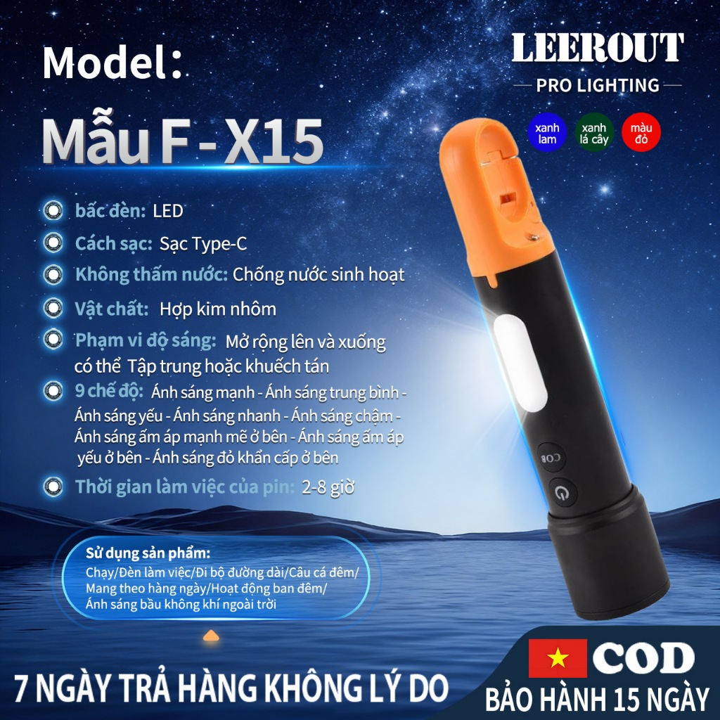 Đèn Pin X725 Thời Gian Sáng 3h đến 7h, Zoom xa gần, cod led -9 chế độ sáng - kháng nước