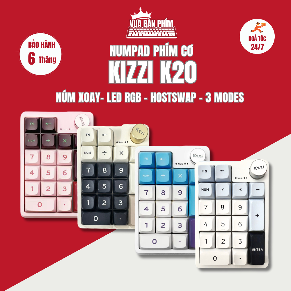 [Hàng Sẵn] Bàn phím số cơ | numpad không dây Kzzi k20 không dây, mạch xuôi, hotswap, núm xoay, led r