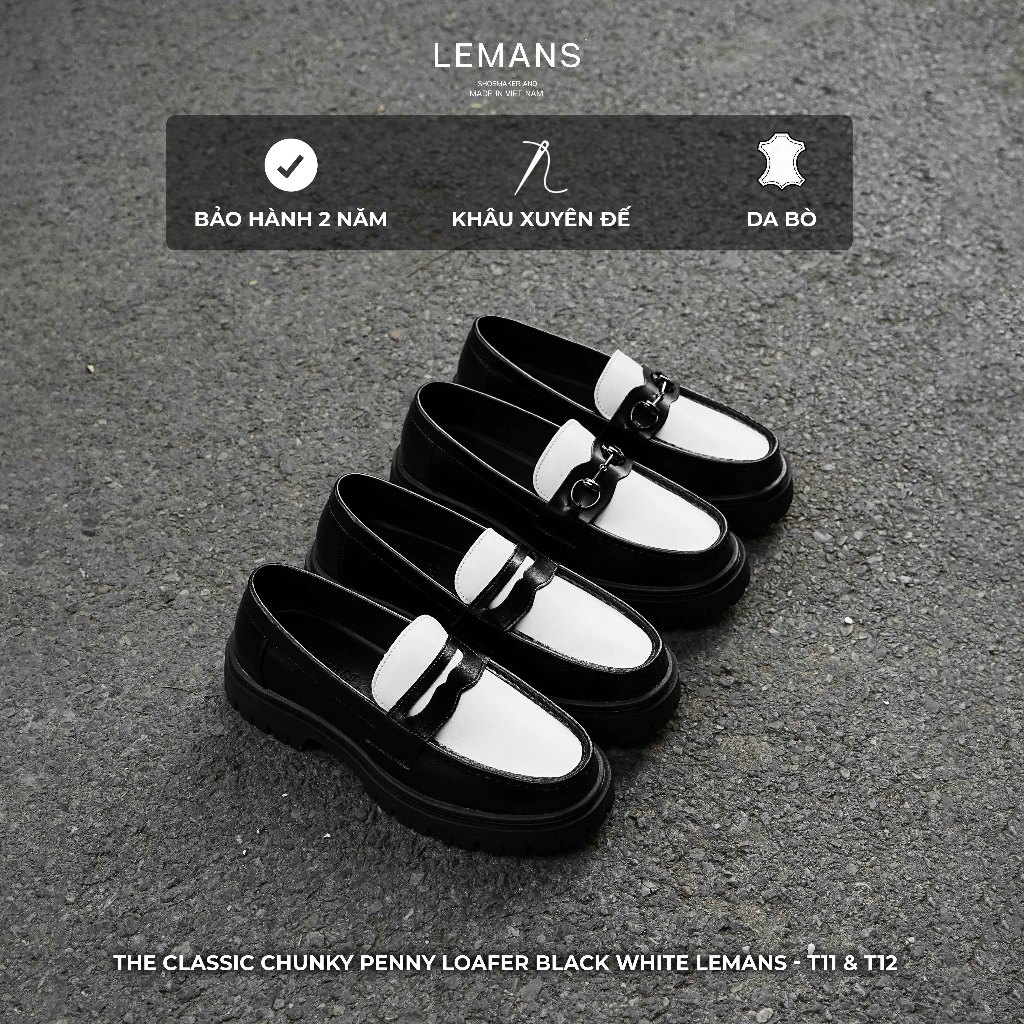 Giày nam Chunky PENNY LOAFER White LEMANS 02 Phiên Bản - Đế cao su thơm 5cm,  Da bò, BH 24 tháng