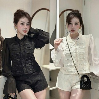  BIGSIZE HIẾU HIẾU  55-95KG  - Set dạ thu đông Áo phối nơ tay dài voan + Quần đùi ngắn S675 