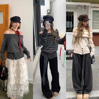   A1288  ÁO LEN TRỄ VAI BẢN TO GẤU 3 CÚC metwo.dearu - Áo len trơn kẻ ngang vai form rộng QC dài tay ulzzang tiểu thư HQ 