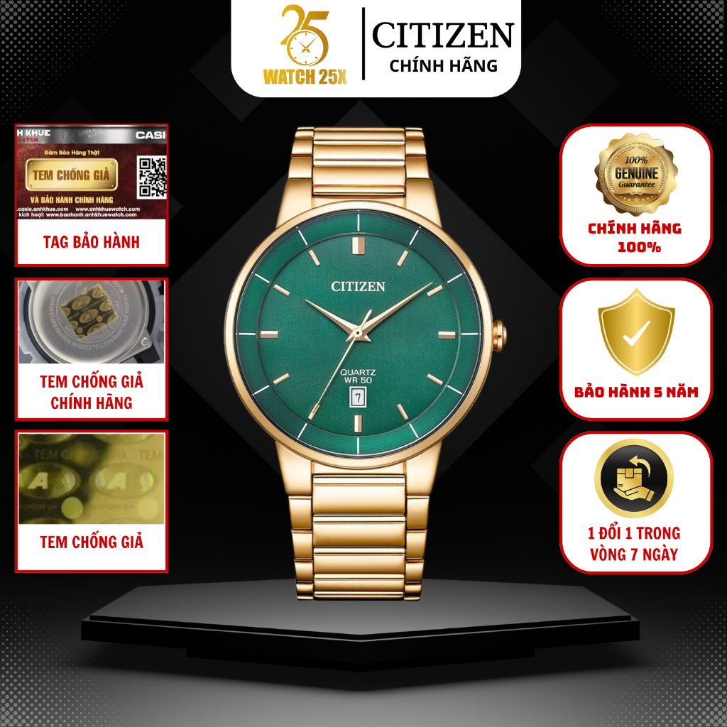 Đồng Hồ Nam Citizen BI5123-52X Watch25x - Phiên Bản Vàng Xanh Lục Bảo Lịch Ngày Nổi Bật