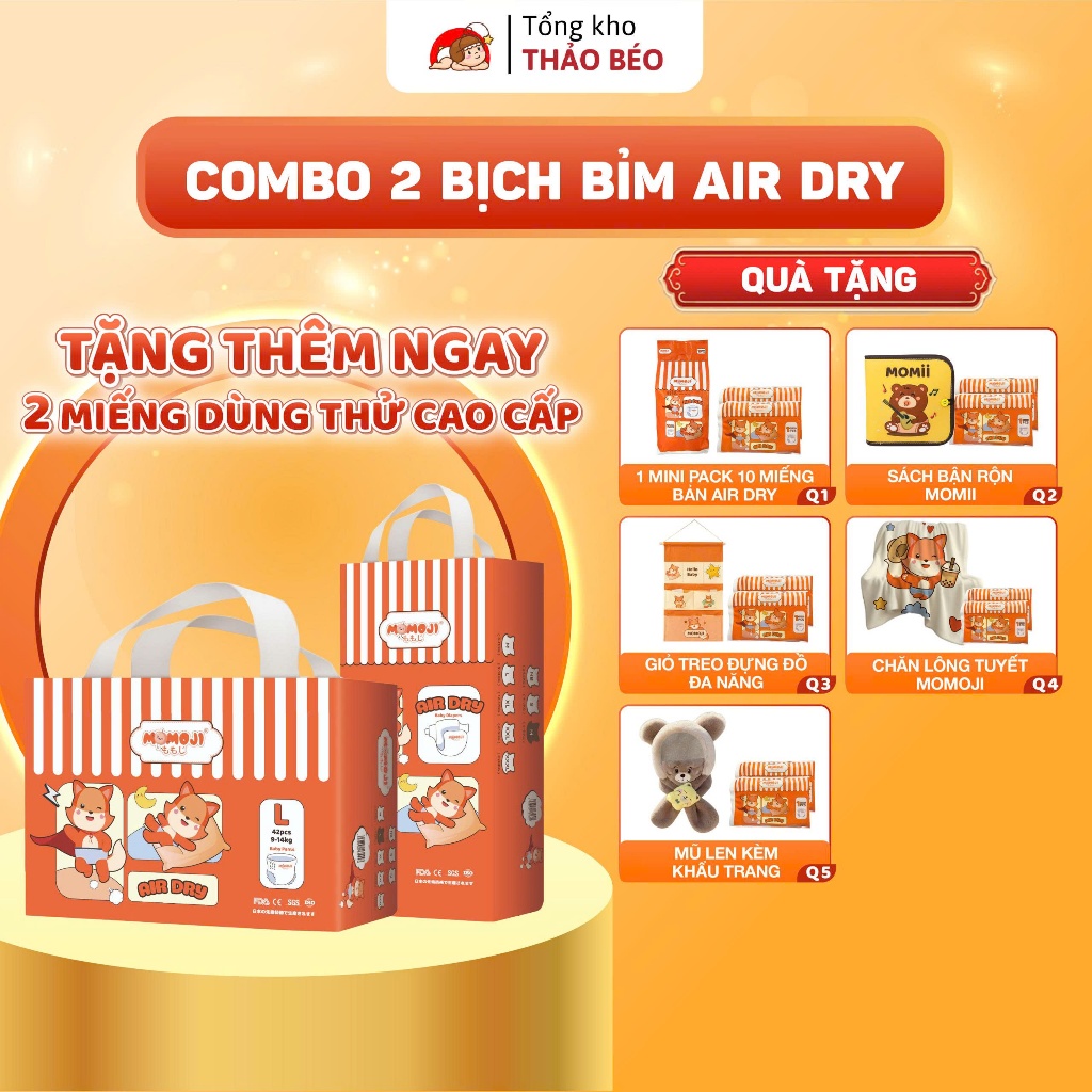 [Momoji Air Dry] Combo 2 Bịch Bỉm Dán/Quần Momoji Air Dry Cao Cấp Mềm Mỏng Mịn Thấm Hút Tốt, Giữ Môn