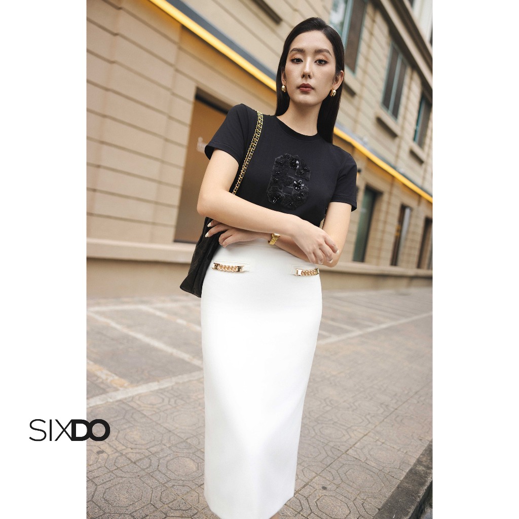 Chân váy bút chì phối xích SIXDO (White Woven Pencil Skirt)