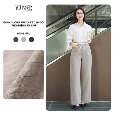 Quần dài nữ YOUNGER BY CARDINA dáng suông chất tuýt si cạp đôi phối miệng túi sau 5YQDT46