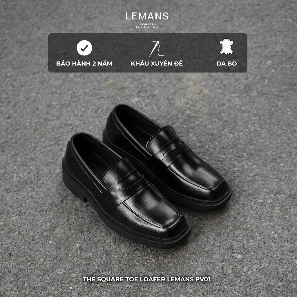 Giày Loafer Mũi Vuông nam LEMANS màu đen PV01.1 - Da Bò, Đế cao su McKay, bảo hành 24 tháng