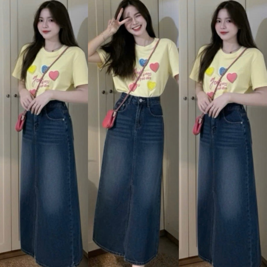 HAP(S-2XL) Chân váy jeans xẻ tà trước có 2 chiều dài P29