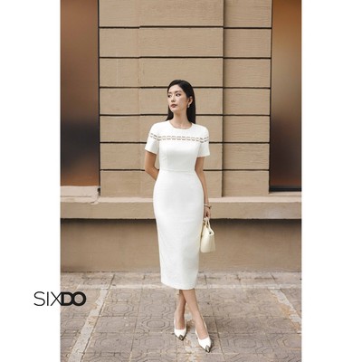 Đầm ngắn tay bút chì trắng SIXDO (White Brocade Pencil Dress)