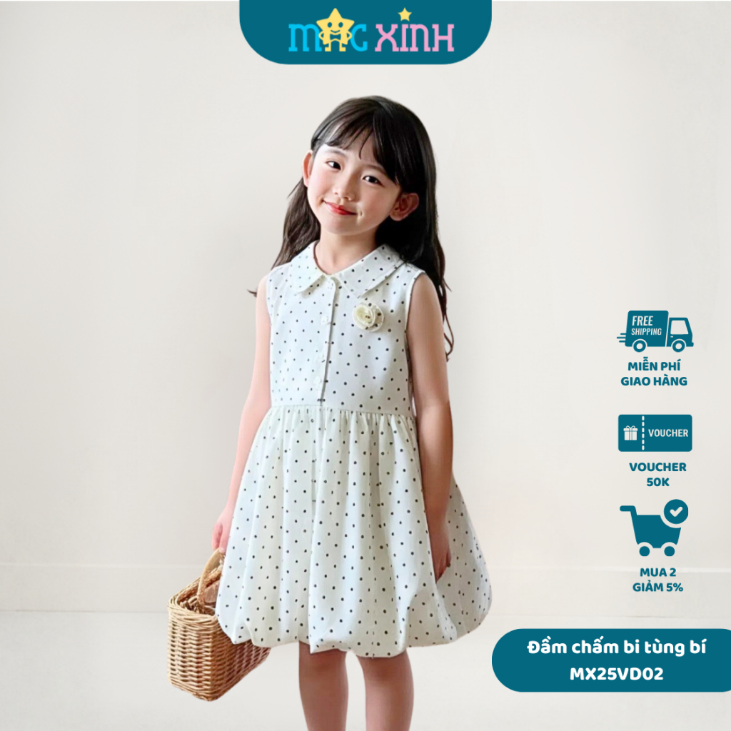 Váy Đầm Tùng Bí Xòe Cổ Bẻ Sát Nách Họa Tiết Chấm Bi Đính Hoa Hồng Phong Cách Hàn Quốc Dễ Thương - Macxinh KID MX25VD02