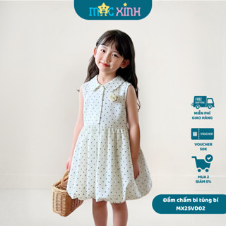 Váy Đầm Tùng Bí Xòe Cổ Bẻ Sát Nách Họa Tiết Chấm Bi Đính Hoa Hồng Phong Cách Hàn Quốc Dễ Thương - Macxinh KID MX25VD02