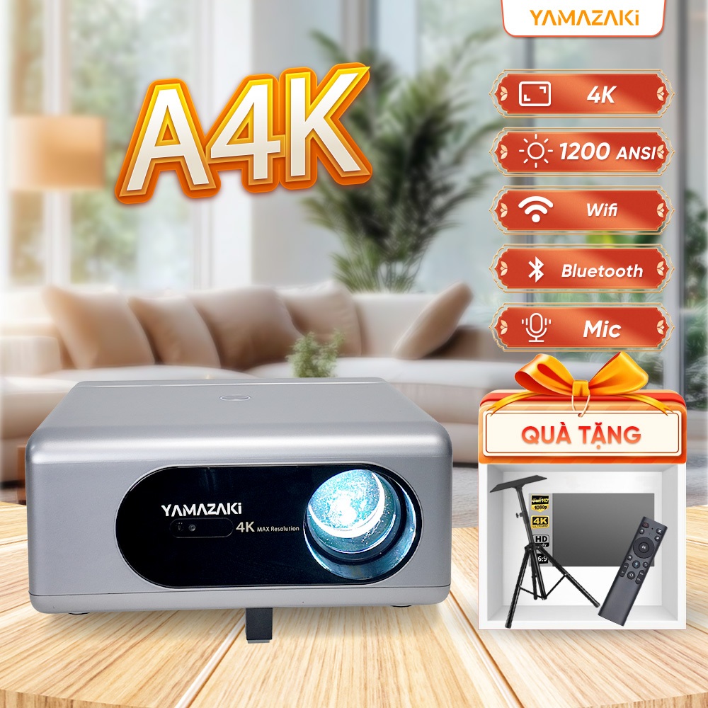 Máy chiếu mini Yamazaki A4K Full HD 1200 ANSI sắc nét, căn chỉnh tự động RAM 2Gb