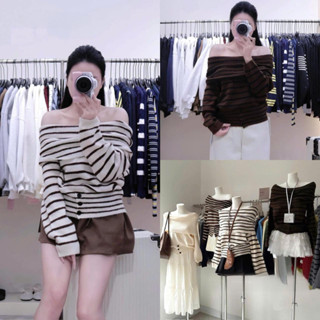  METWO. - Áo len trơn kẻ trễ ngang vai bản to basic phối gấu 3 cúc form rộng QC dài tay ulzzang tiểu thư Hàn Quốc #1288 