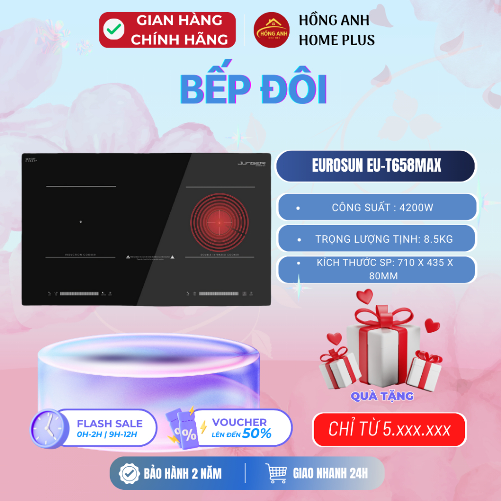 Bếp đôi điện từ hồng ngoại Junger CEJ203IF công suất 4200W, 1 vùng từ 1 vùng hồng ngoại không kén nồ