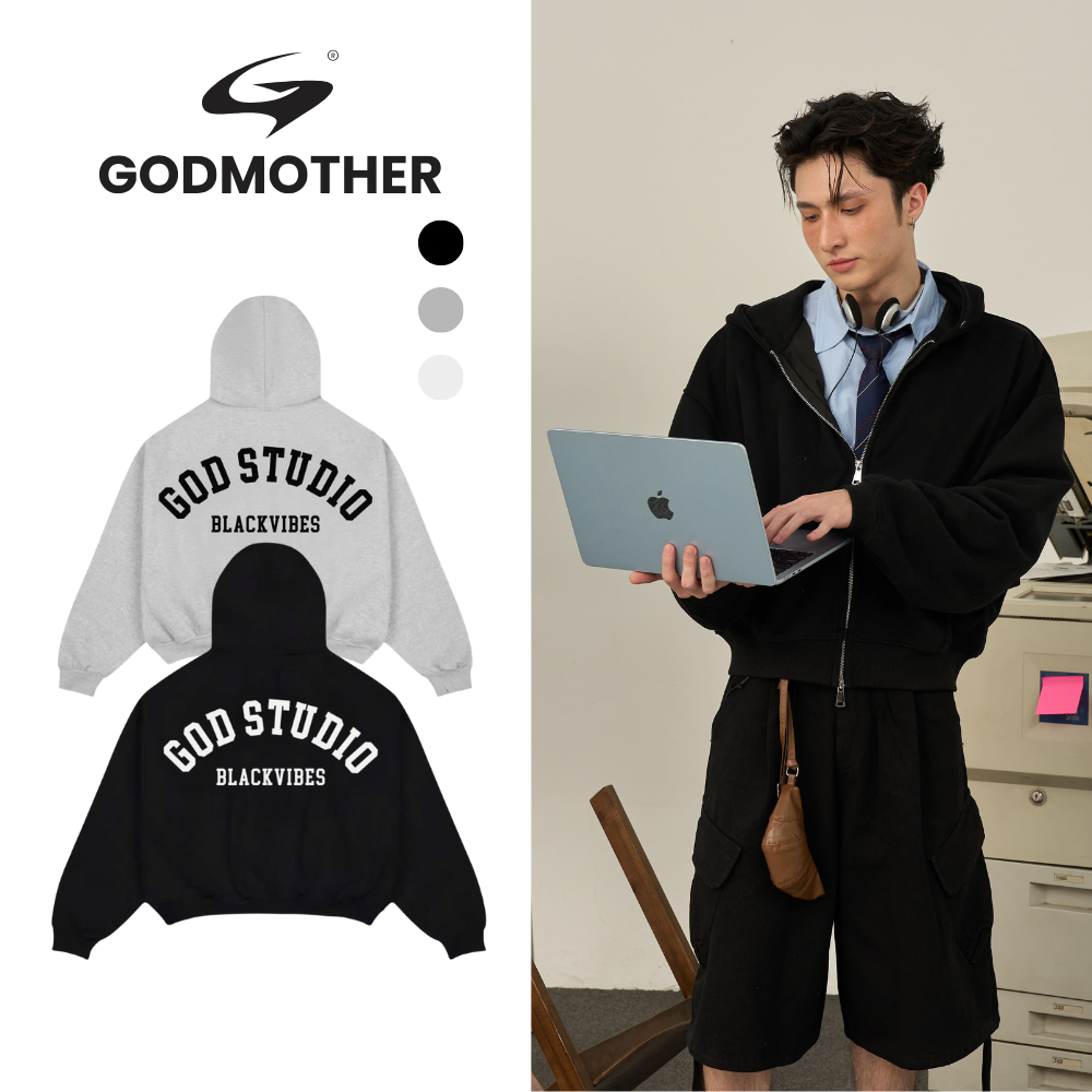 Áo Khoác Hoodie Zip Boxy GODMOTHER Blackvibes Form Boxy Có Cúc Bấm In Chữ GODSTUDIO