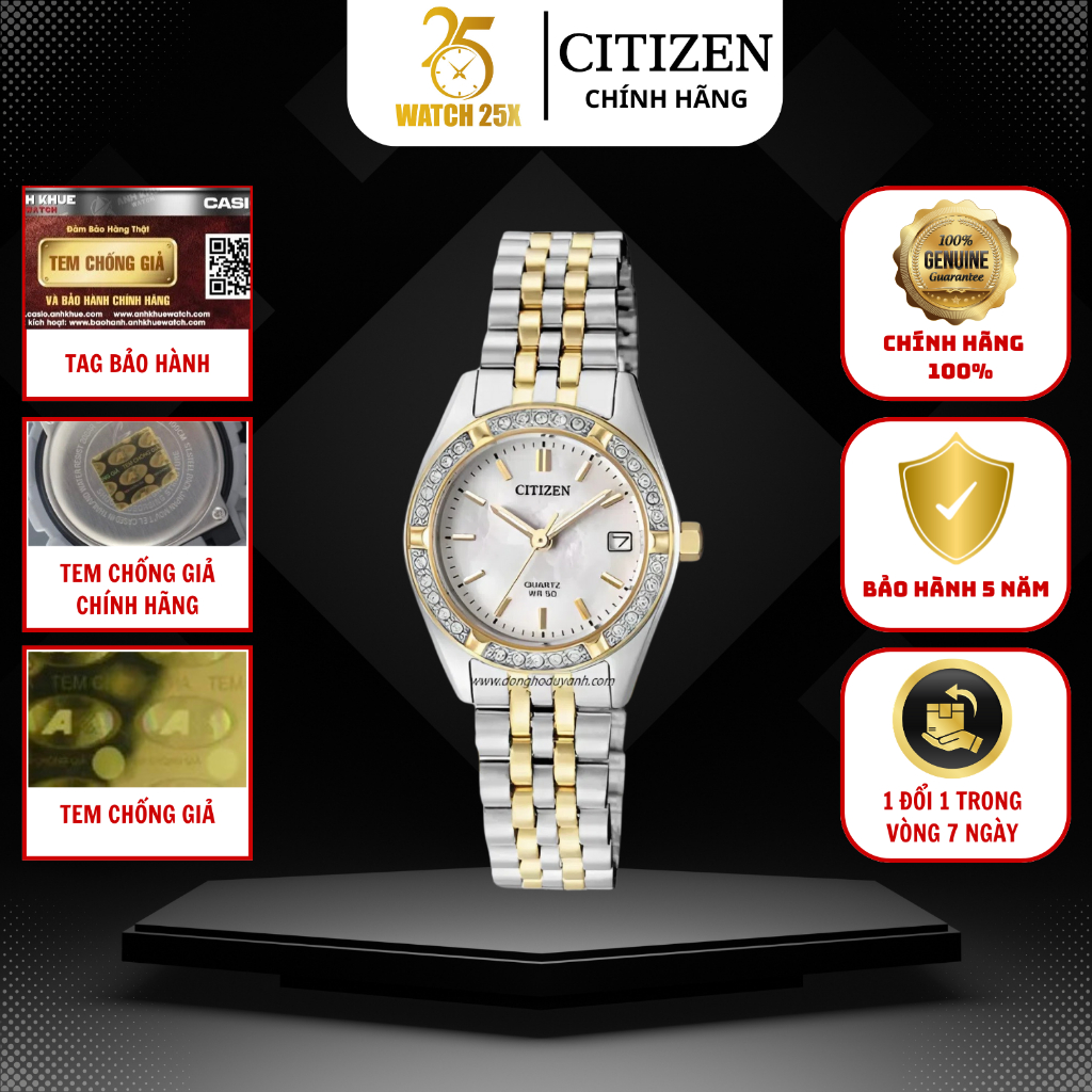 Đồng Hồ Nữ Citizen EU6064-54D Watch25x - Dây Demi Viền Pha Lê Mặt Khảm Trai Quý Phái Lịch Ngày