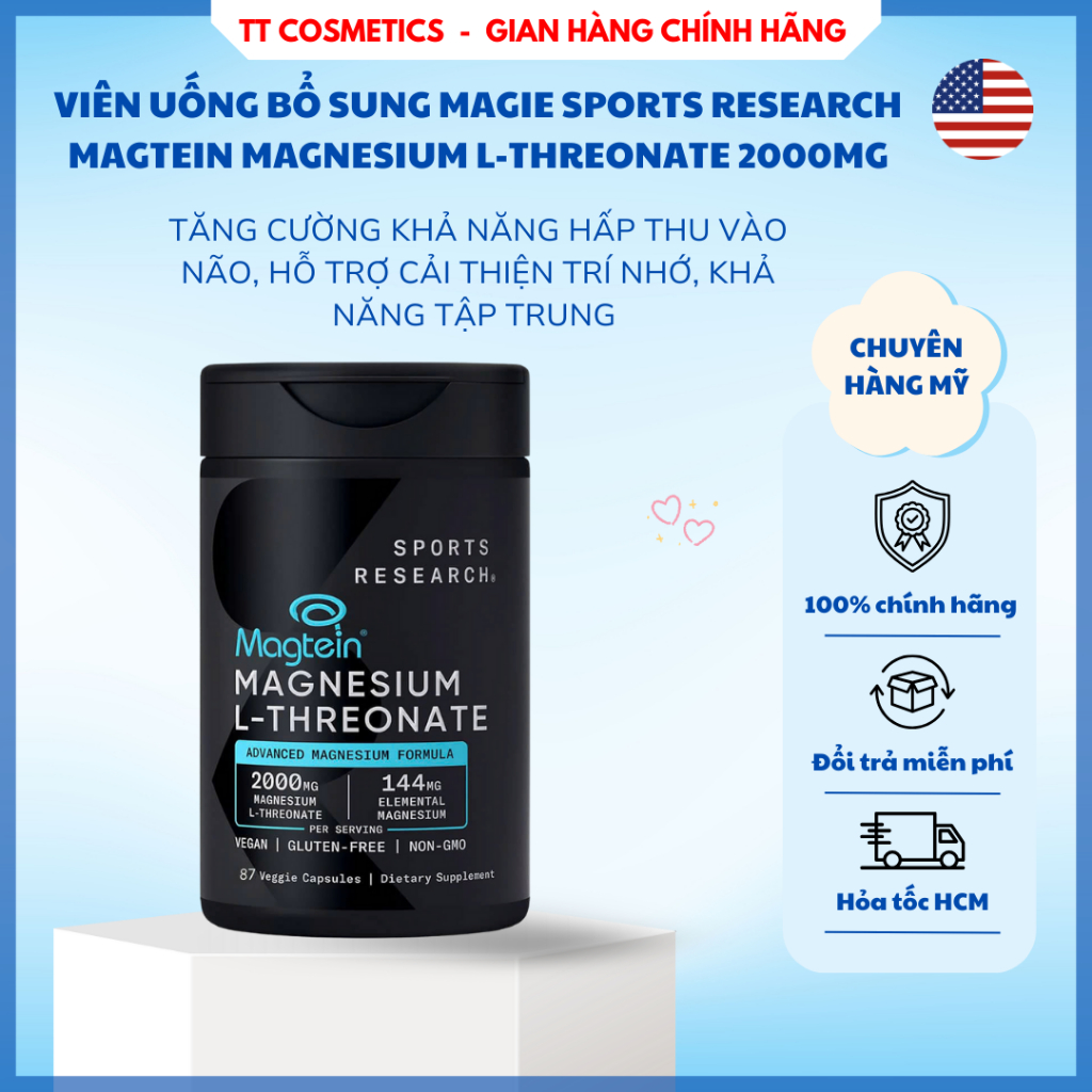 Viên Uống Bổ Sung Magie Sports Research Magtein Magnesium L-Threonate 2000mg
