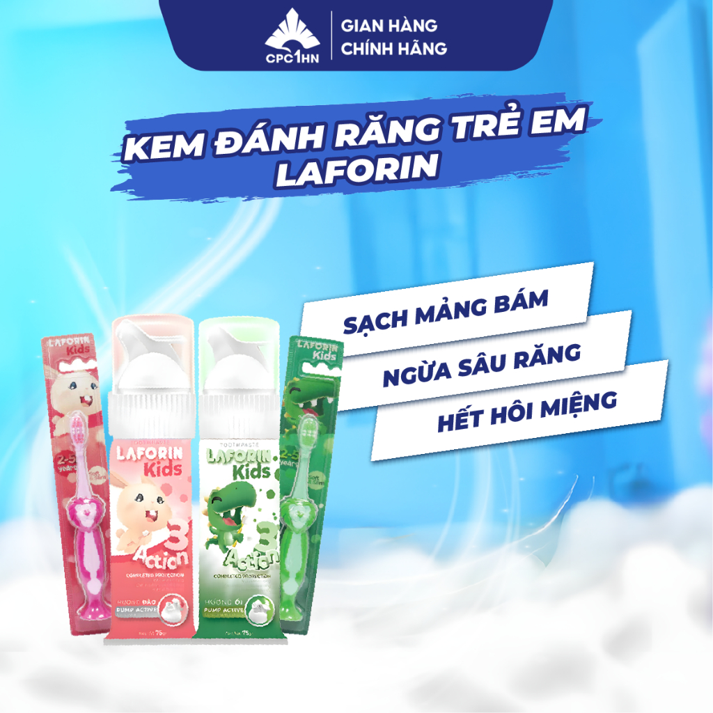 Kem đánh răng cho bé Laforin Kids hương đào và ổi chống sâu răng, nuốt an toàn 75g