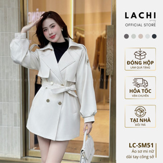   TẶNG KHĂN LỤA  Áo khoác măng tô nữ công sở LACHI dáng ngắn cổ vest hai lớp kèm đai chất Kaki Hàn sang trọng LC-SM50 