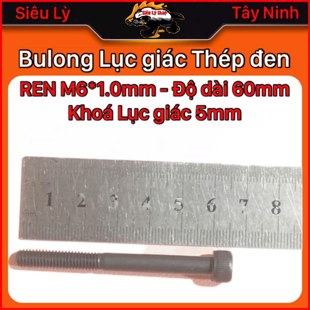 Bulong Lục giác thép đen M6x60mm (Ren M6*1.0mm, dài 60mm, khóa Lục giác 5mm)