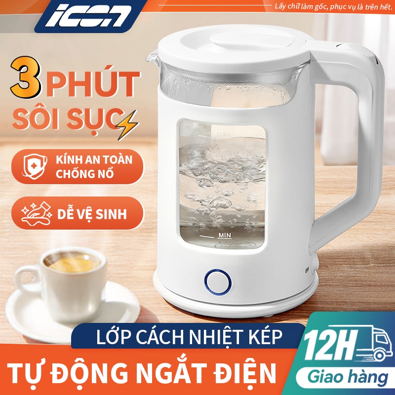ICON Ấm đun nước điện 2 lít, đun sôi nhanh, thủy tinh chịu nhiệt, tự động ngắt…