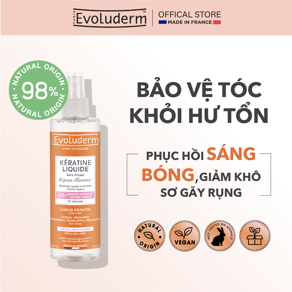 Xịt dưỡng tóc Evoluderm bổ sung Keratin giúp tóc chắc khỏe, bóng mượt, mùi hương quyến rũ 250ml (QT)
