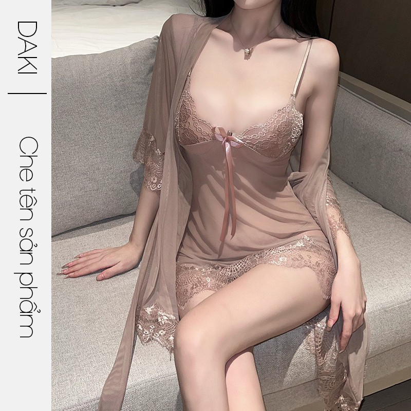  Set đồ ngủ nữ sexy DN08 kiểu đầm 2 dây xuyên thấu gồm váy và áo choàng kèm quần lót gợi cảm 