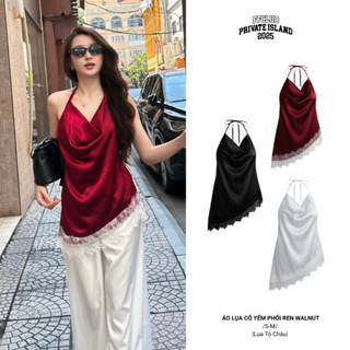   CÓ TÁCH SET  Áo Lụa Cổ Yếm Phối Ren WALNUT Lưng Cổ Đổ Cột Dây FFCUB 