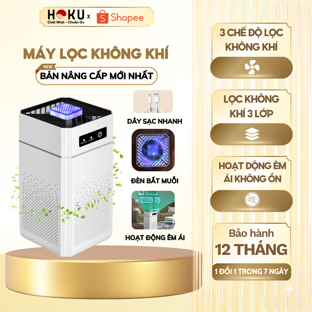 Máy Lọc Không Khí HOKU Bộ lọc HEPA Lọc Bụi Mịn, Ion Âm Cấp Ẩm Kháng Khuẩn, Có Đèn Bắt Muỗi LKK05