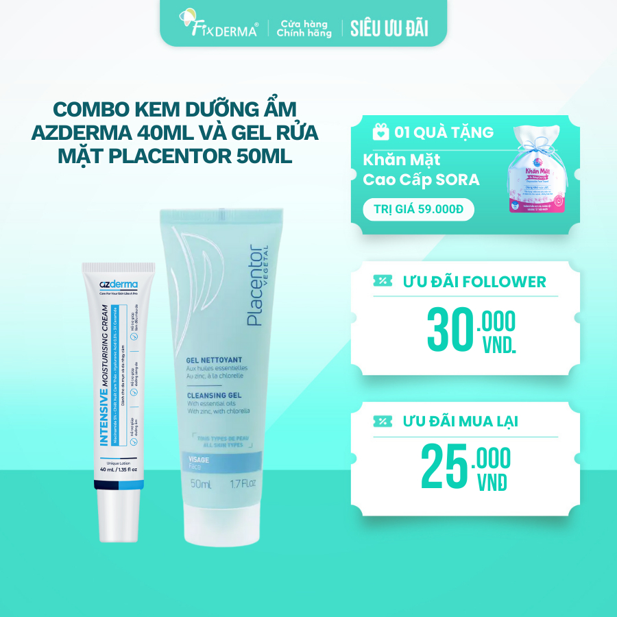 Combo dưỡng ẩm và làm sạch Azderma 40ml và Gel rửa mặt Placentor 50ml