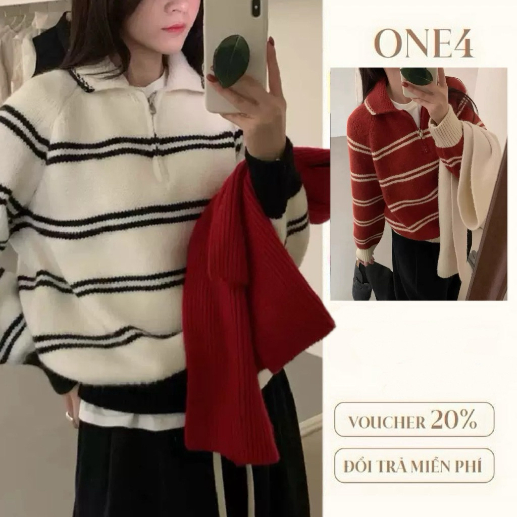 [One4] Áo len kẻ cổ Polo phong cách Hàn Quốc Áo len sọc mùa thu đông Half-zipper Áo thun dệt kim mềm