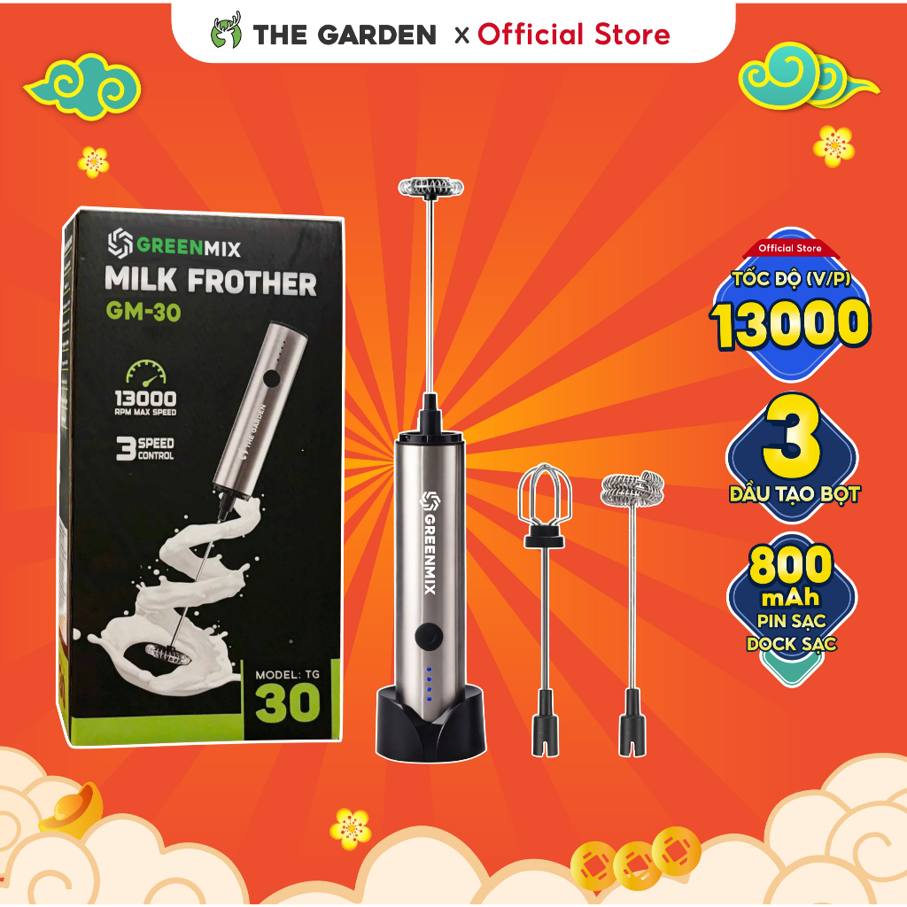 Máy tạo bọt cà phê microfoam, máy đánh trứng mini cầm tay THE GARDEN x GREENMIX GN-30 - 3 đầu đánh bọt, inox 304